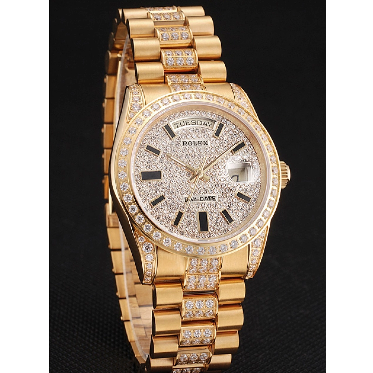 Aaa replica watch Swiss Yellow Gold Rolex Diamond Date Day Pave 0619